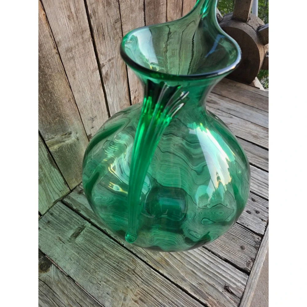 Vintage Emerald Green Hand Blown Glass Pitcher Optic Rib Mid Century Modern 15
